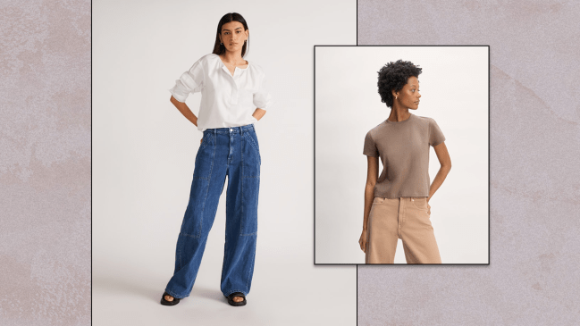 Left: Everlane model in white blouse and blue carpenter jeans; Right: Everlane model in brown t-shirt and light brown jeans.