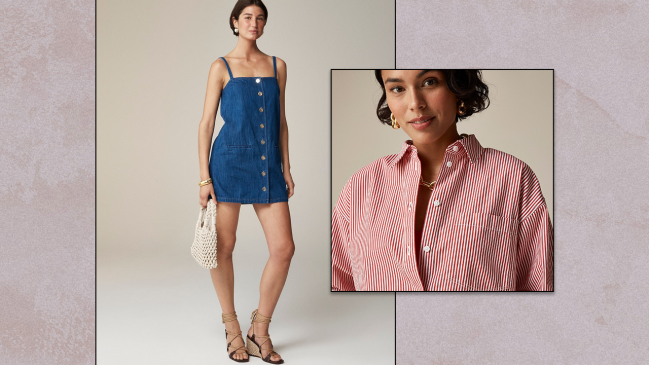 Left: J.Crew model wearing a strapless blue denim mini dress with buttons down the front middle. Right: J.Crew model wearing a crisp red and white striped button-down shirt.