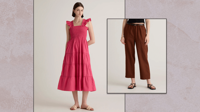 Left: Quince model wearing a vibrant pink midi dress. Right: Quince model wearing chocolate brown linen pants.