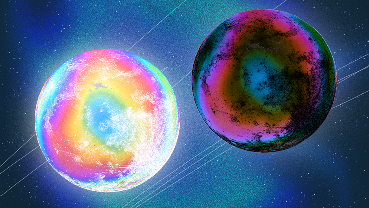 Two moons beside each other with contrasting colors in representation of the new moon in Gemini of June 2024