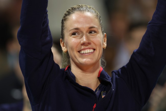 Annie Drews #11 of the United States reacts during an Olympic volleyball send-off celebration after a Women's match between the United States and Netherlands as part of the 2024 USA Volleyball Cup presented by hoag at Walter Pyramid on July 14, 2024 in Long Beach, California. The United States defeated Netherlands 3-1.