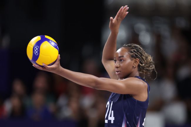 Chiaka Ogbogu #24 of Team United States prepares to serve during the Women's Preliminary Round - Pool A match between the United States and China on day three of the Olympic Games Paris 2024 at Paris Arena on July 29, 2024 in Paris, France.