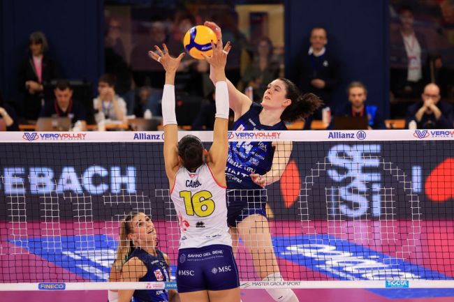 Dana Rettke #14 of Allianz Vero Volley Milano in action during game two of the Serie A1 Women Playoffs Semi Final match between Allianz Vero Volley Milano and Savino Del Bene Scandicci at Allianz Cloud on April 10, 2024 in Milan, Italy.