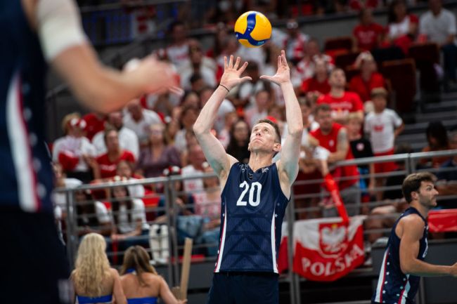 David Smith of USA seen in action during the Volleyball International Friendly Tournament match between Poland and USA at the Ergo Arena on July 21, 2024 in Gdansk, Poland.