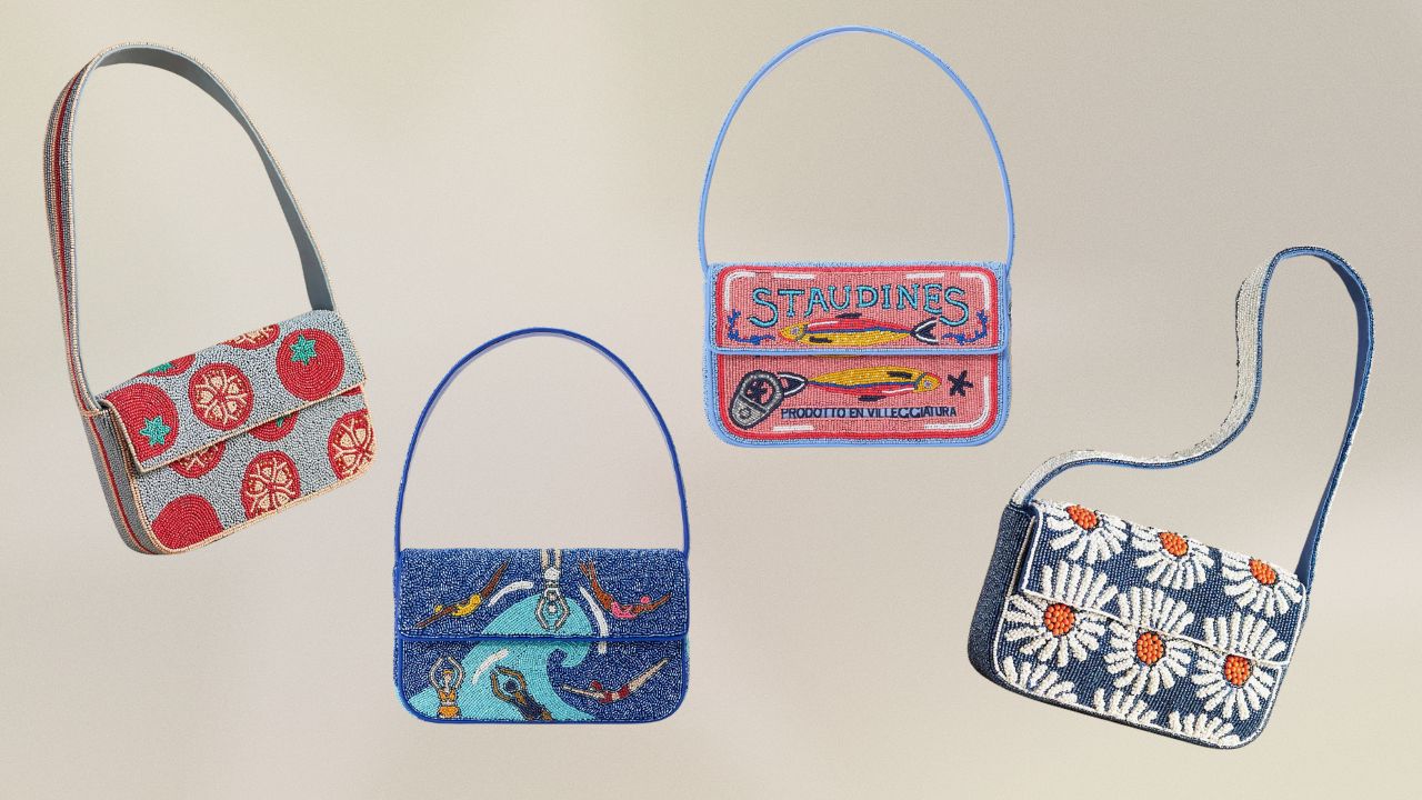From left to right: a beaded red and blue tomato print bag, a beaded bag with people swimming, a beaded bag with a sardines can design, a beaded bag with daisy flowers.