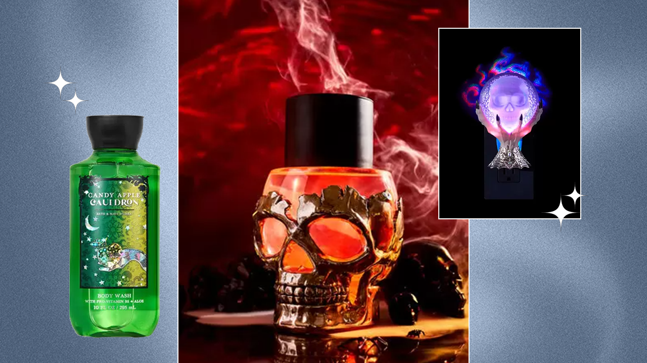 Bath & Body Works Halloween 2024 Collection - Candy Apple Cauldron Body Wash, Skull Candle Holder, and Crystal Ball Color-Changing Projector Wallflowers Fragrance Plug
