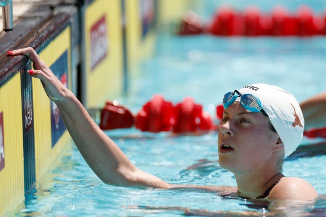 SAN ANTONIO, TEXAS - APRIL 11: Erin Gemmell reacts after competing in the Women's 400m Freestyle on Day 2 of the TYR Pro Swim Series San Antonio at Northside Swim Center on April 11, 2024 in San Antonio, Texas