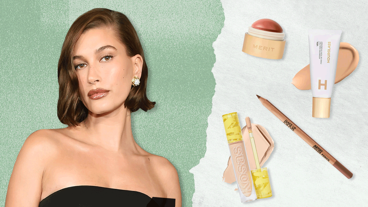 Left: Hailey Bieber. Right: Merit Beauty blush, Hourglass Cosmetics skin tint, Kosas concealer, and Make Up For Ever lip liner.
