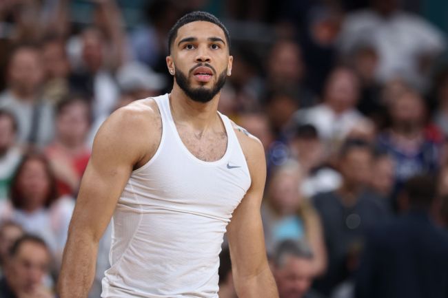 Jayson Tatum #10 of Team USA warms up before the Men's Group Phase - Group C match between Serbia and USA on Day 2 of the Olympic Games Paris 2024 at Stade Pierre Mauroy on July 28, 2024 in Lille, France.