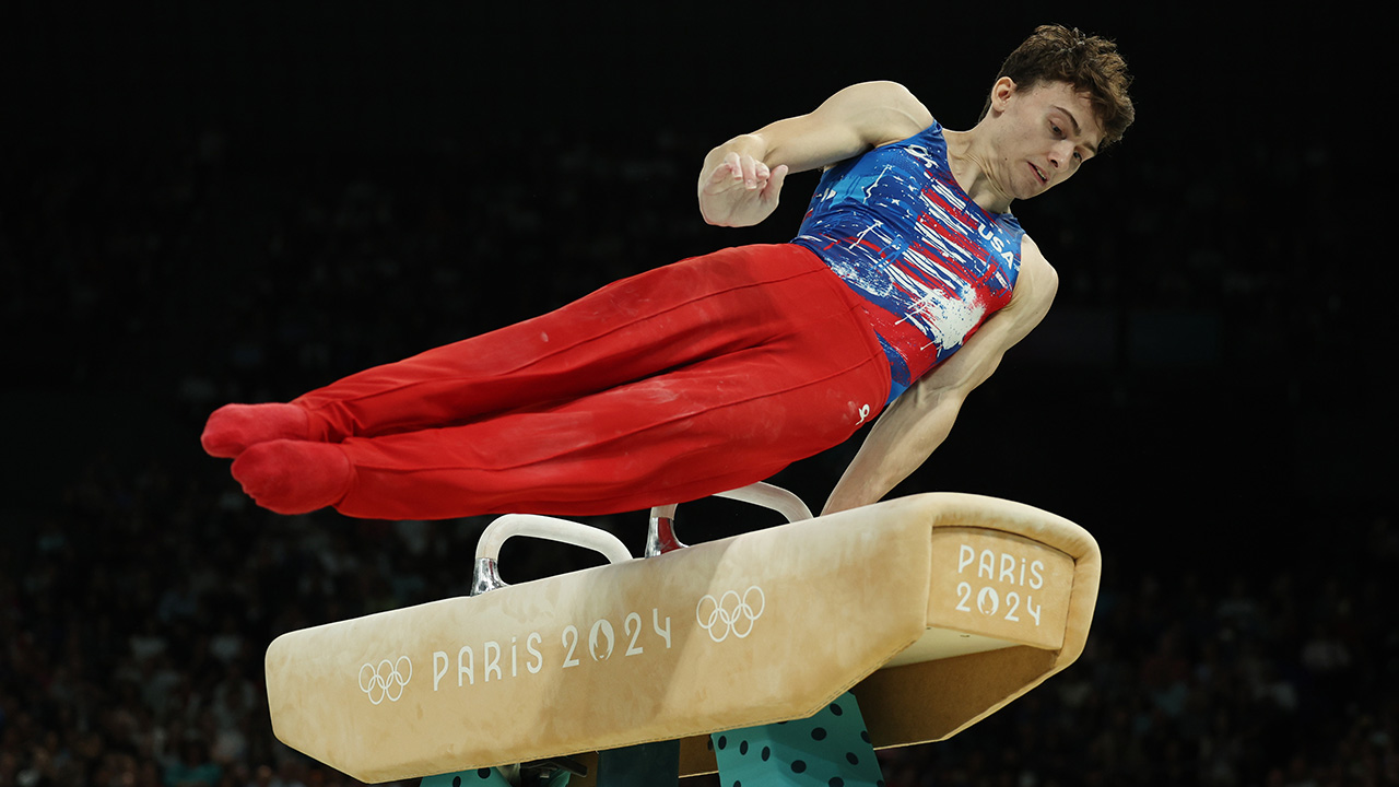 Stephen Nedoroscik of Team United States competes on the pommel horse during the Artistic Gymnastics Men's Qualification on day one of the Olympic Games Paris 2024 at Bercy Arena on July 27, 2024 in Paris, France