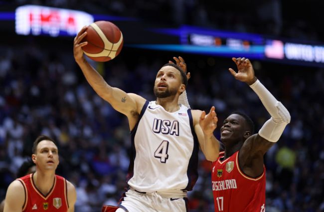 Stephen Curry of The United States competes with Dennis Schroder of Germany  during the 2024 USA Basketball Showcase match between USA and Germany at The O2 Arena on July 22, 2024 in London, England.