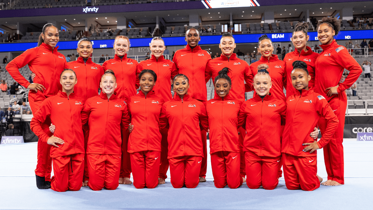 USA Senior Woman Gymnastics National Team during the 2024 Xfinity U.S. Gymnastics Championships at Dickies Arena on June 2, 2024 in Fort Worth, Texas.(