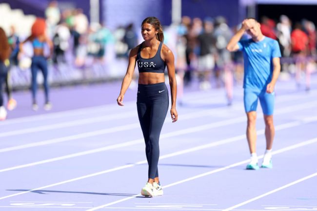 Gabby Thomas of Team United States looks on during day six of the Olympic Games Paris 2024 at Stade de France on August 01, 2024 in Paris, France