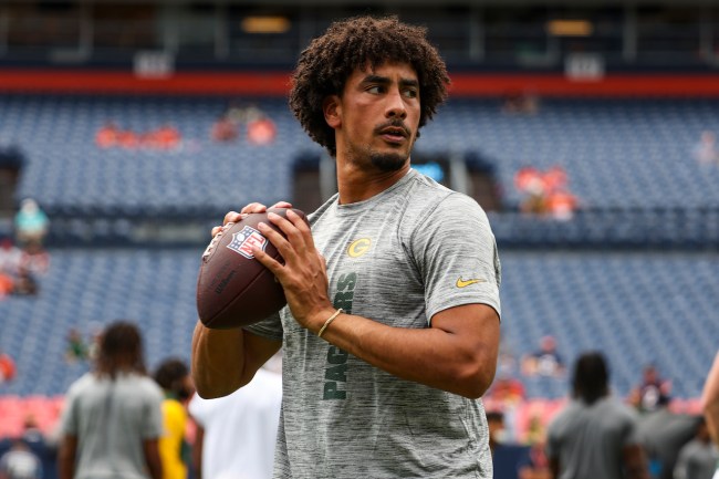 Jordan Love #10 of the Green Bay Packers warms up prior to an NFL football game against the Denver Broncos at Empower Field at Mile High on August 18, 2024 in Denver, CO.