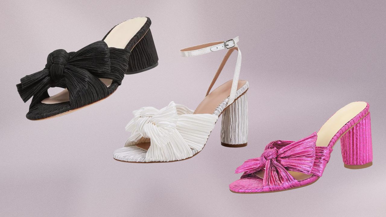 Black, white, and pink bow sandal heels