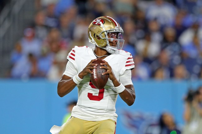 Joshua Dobbs #5 of the San Francisco 49ers  during the game against the Tennessee Titans at Nissan Stadium on August 10, 2024 in Nashville, Tennessee.