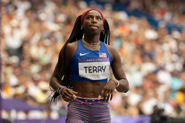 Twanisha Terry of the United States in the first round of the Women's 100m heats on day seven of the Olympic Games Paris 2024 at Stade de France on August 2, 2024 in Paris, France.