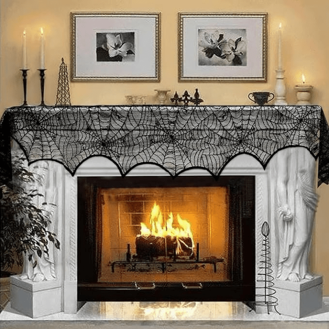 AerWo Halloween Black Lace Spiderweb Fireplace Mantle Scarf above the fireplace.