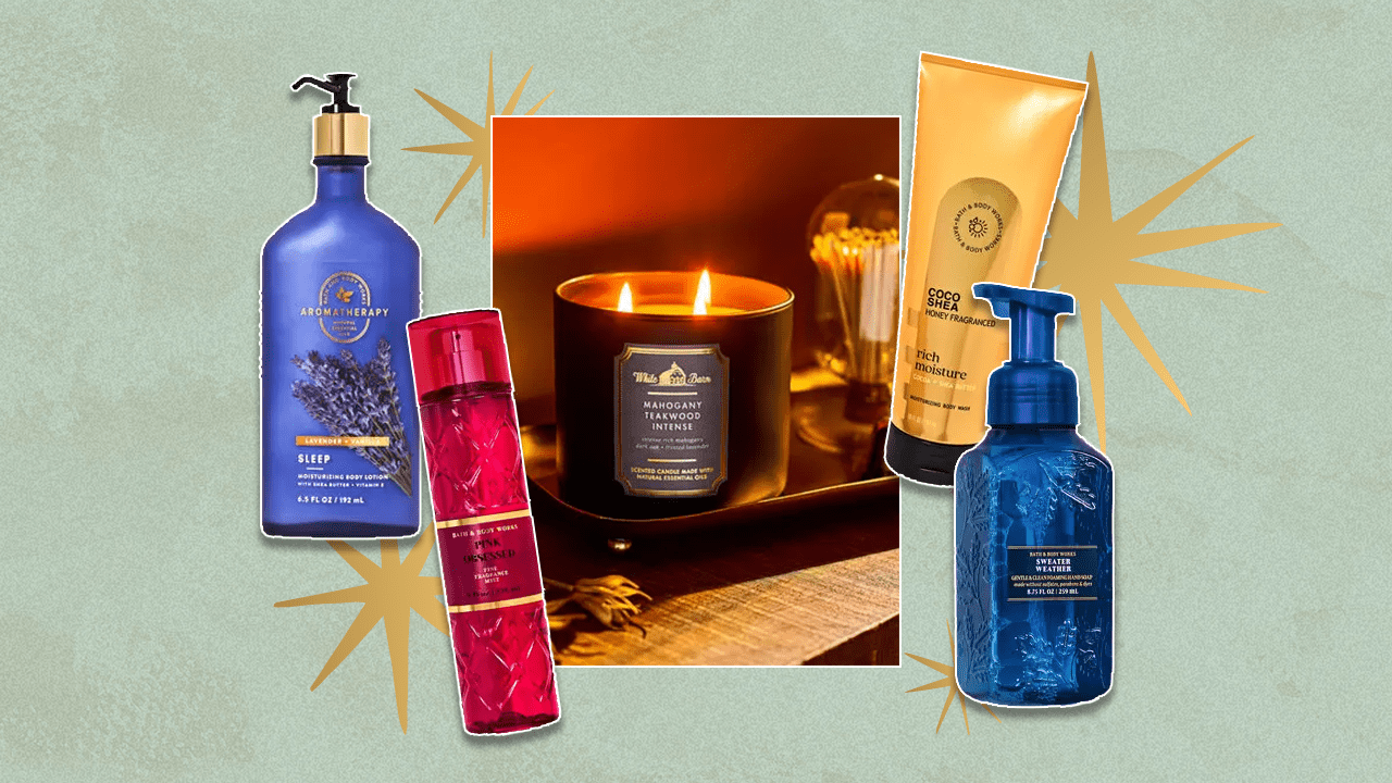 Left to Right: Bath & Body Works lavender body lotion, Bath & Body Works Pink Obsessed Fine Fragrance Mist, Bath & Body Works Mahogany Teakwood candle, Bath & Body Works Coco Shea Honey Body Wash, Bath & Body Works Sweater Weather hand soap.