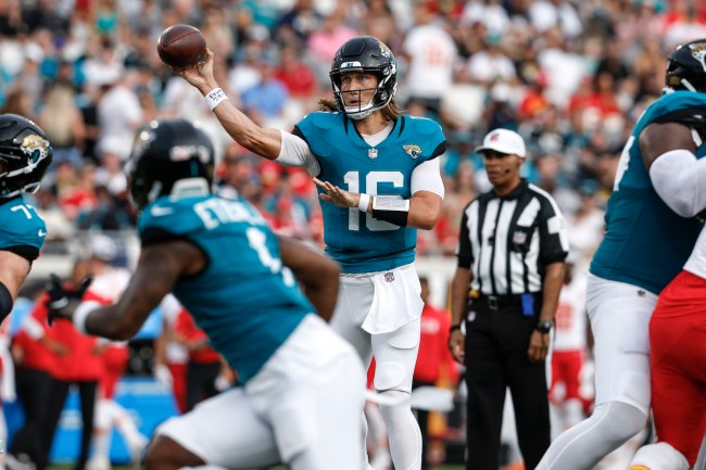 Quarterback Trevor Lawrence #16 of the Jacksonville Jaguars throws a pass across the middle of the field during a preseason game against the Kansas City Chiefs at EverBank Stadium on August 10, 2024 in Jacksonville, Florida. The Jaguars defeated the Chiefs 26 to 13.