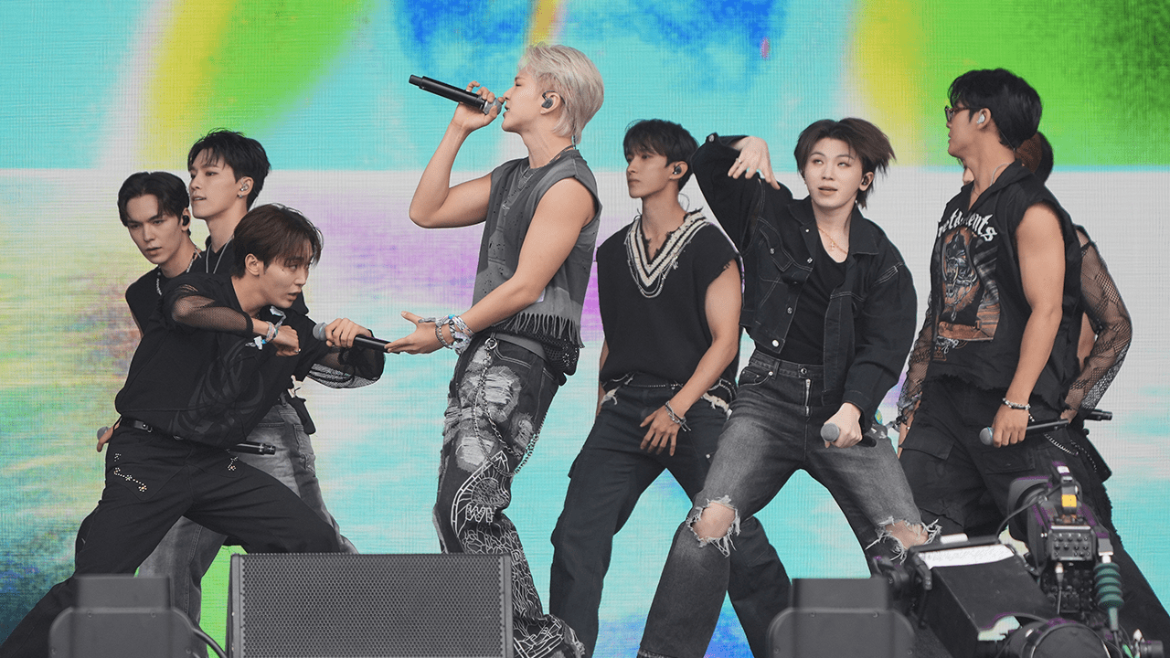 South Korean K-pop band Seventeen performing on the Pyramid Stage, at the Glastonbury Festival at Worthy Farm in Somerset.