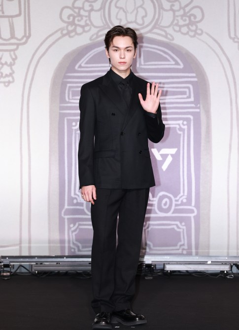 Vernon of SEVENTEEN attends SEVENTEEN Best Album '17 Is Right Here' Press Conference at Conrad Seoul in Yeongdeungpo-gu on April 29, 2024 in Seoul, South Korea.