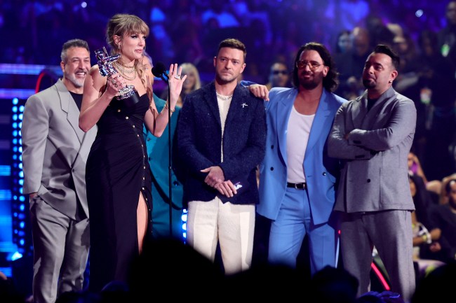 Taylor Swift (2nd L) accepts the Best Pop award for "Anti-Hero" from (from L) Joey Fatone, Lance Bass, Justin Timberlake, JC Chasez, and Chris Kirkpatrick of *NSYNC onstage the 2023 MTV Video Music Awards at Prudential Center on September 12, 2023 in Newark, New Jersey. (Photo by Theo Wargo/Getty Images