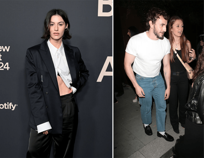 Left: Gracie Abrams at the Spotify Best New Artist Party held at Paramount Studios on February 1, 2024 in Los Angeles, California. Right: Paul Mescal seen attending the Gucci Cosmos evening Vernissage at 180 The Strand on October 10, 2023 in London, England.