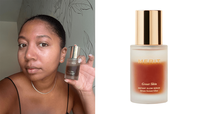 Left: Robyn is wearing the Merit Beauty Great Skin Instant Glow Serum; Right: Merit Beauty Great Skin Instant Glow Serum.