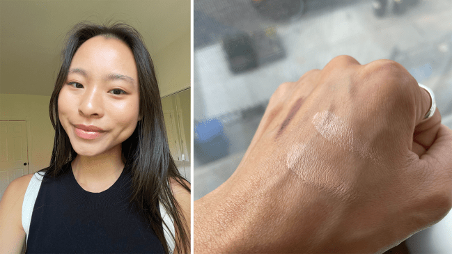 Left: Katie is wearing the Merit Beauty Day Glow in Bounce; Right: Merit Beauty The Minimalist in Bisque and Day Glow in Bounce swatches on back of hand.