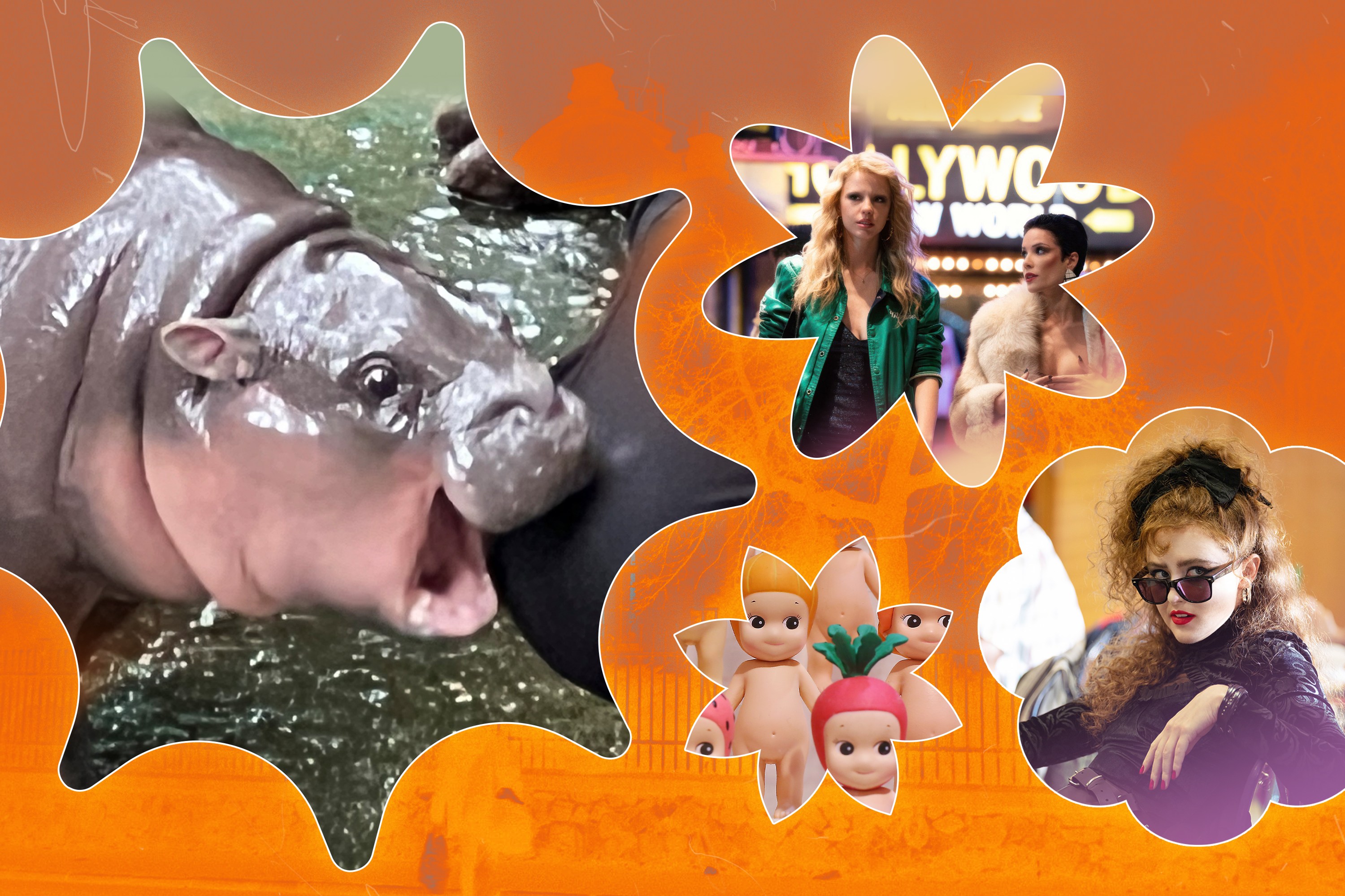 Moo Deng, Maxxxine, Sonny Angels, and Lisa Frankenstein in a collage.
