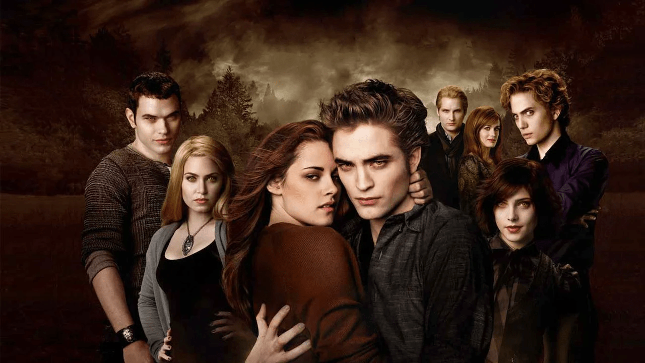 The cast of Twilight in a sepia-toned promotional image