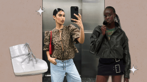 Left to Right: Silver Moon Boots, a woman taking a mirror selfie wearing an ASOS DESIGN leopard print top, an Urban Outfitters model wearing a dark green faux leather bomber jacket from Lioness