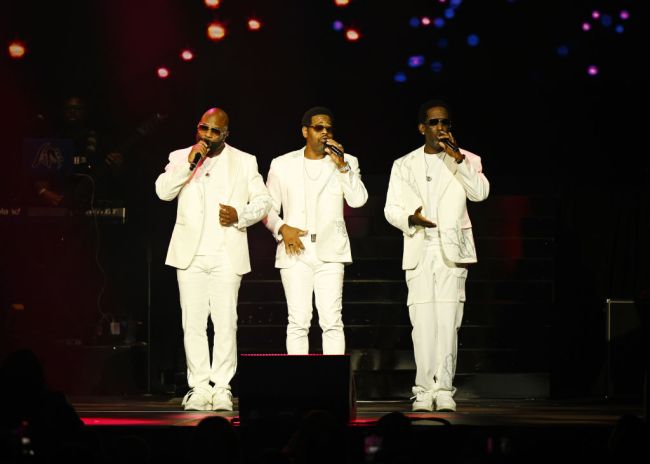 Wanyá Morris, Nathan Morris and Shawn Stockman of Boyz II Men perform at The Chelsea at The Cosmopolitan of Las Vegas on August 31, 2024 in Las Vegas, Nevada.