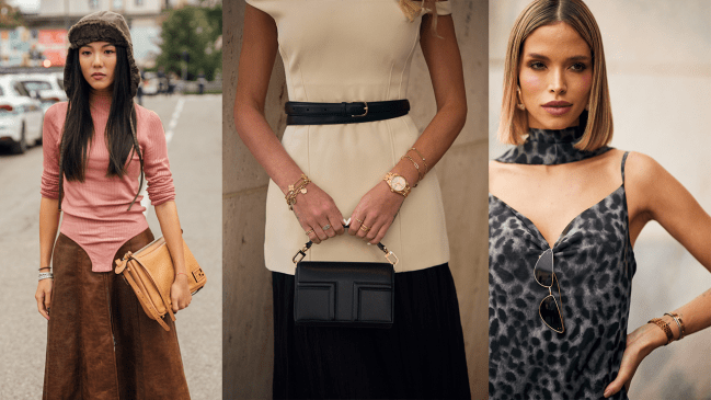Three fashion week guests wearing dainty stacked bracelets.