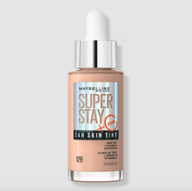 Maybelline Super Stay 24H Skin Tint in a clear bottle.