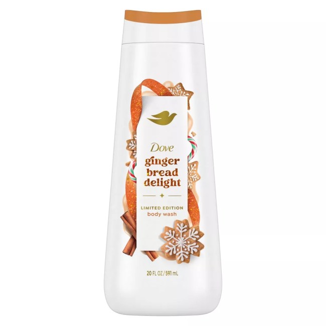 Dove Gingerbread Delight Body Wash in a white bottle.