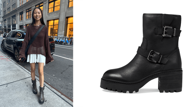 Left: Katie wearing the ALDO Palomina Boot; Right: a product shot of the ALDO Palomina Boot in black.