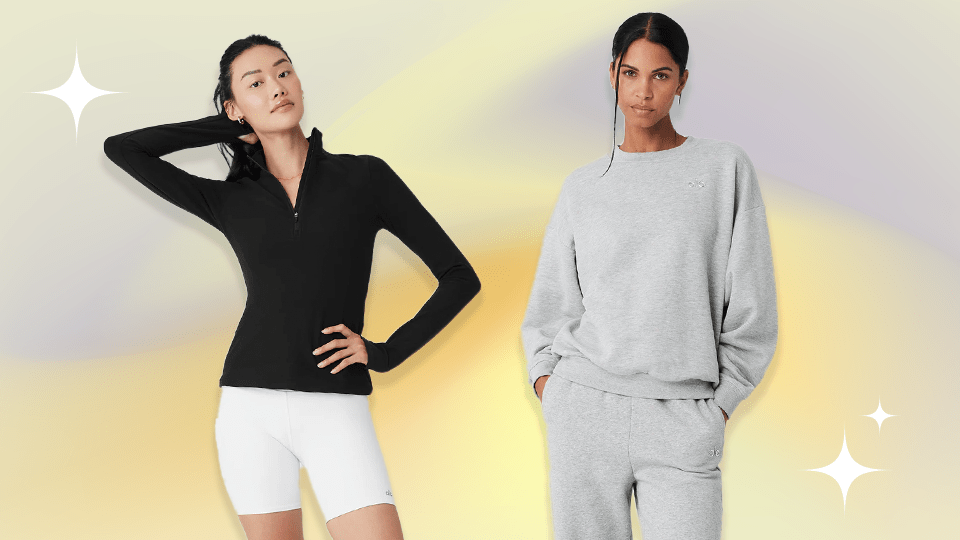 Two models wearing clothes from Alo Yoga.