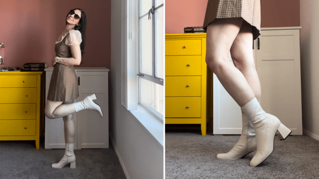 Roya wearing the Charles & Keith Jully Metallic Trapeze Heel Ankle Boots in white.