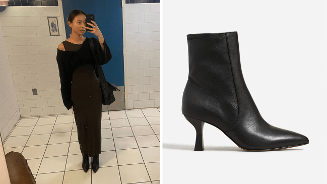 Left: Katie wearing the Madewell Justine Ankle Boot in black; Right: a product shot of the Madewell Justine Ankle Boot in black.