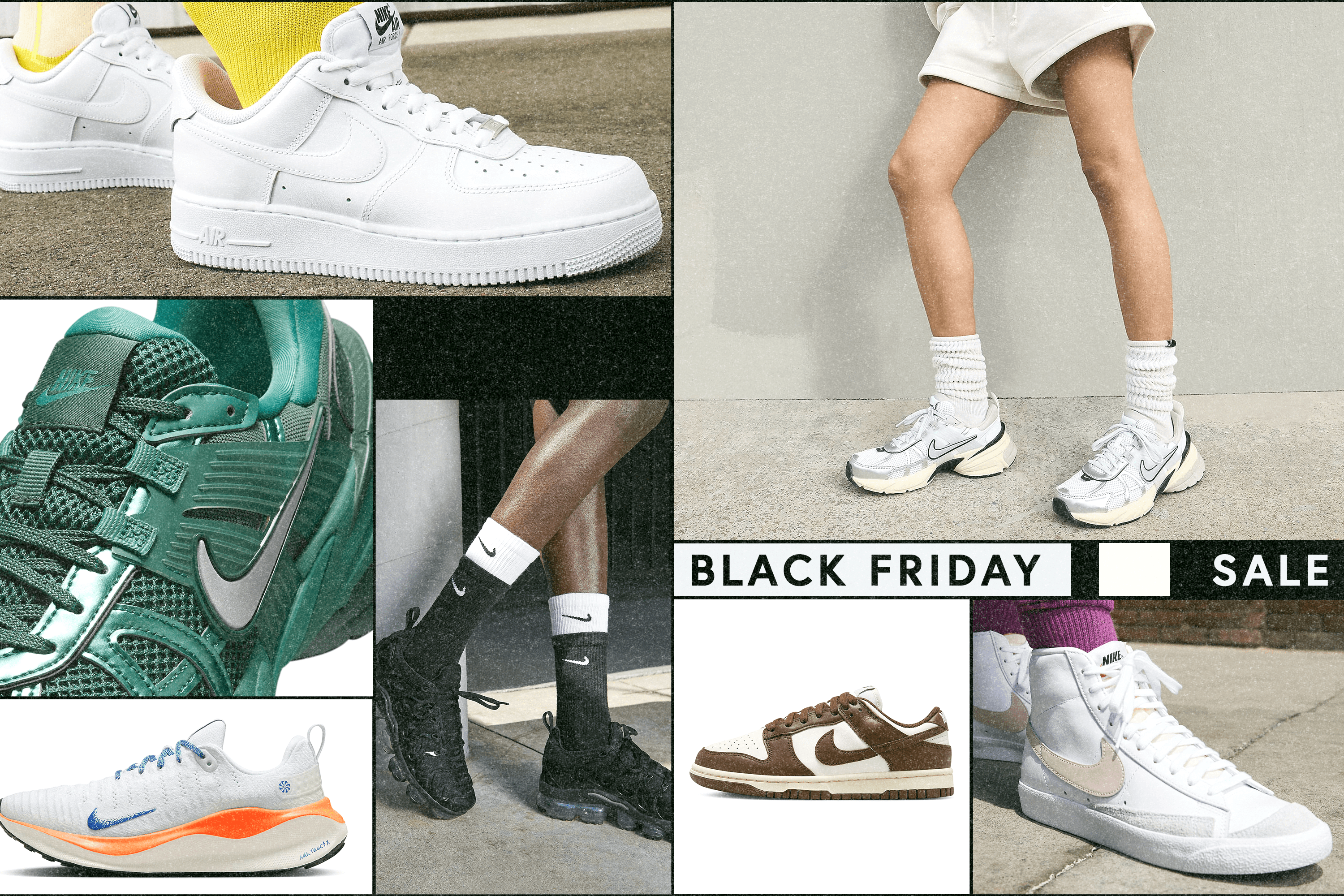 Multiple Nike sneaker product shots and models wearing Nike sneakers.