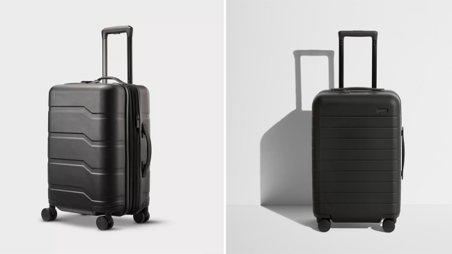 Left: Open Story Hardside Carry On Spinner Suitcase in Black; Right: Away The Carry-On Suitcase in Jet Black.