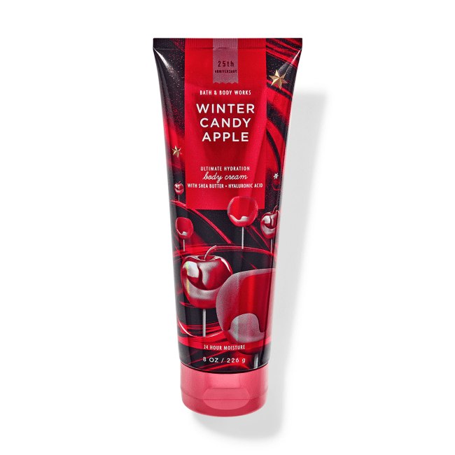 Bath & Body Works Winter Candy Apple Body Cream in a red tube.