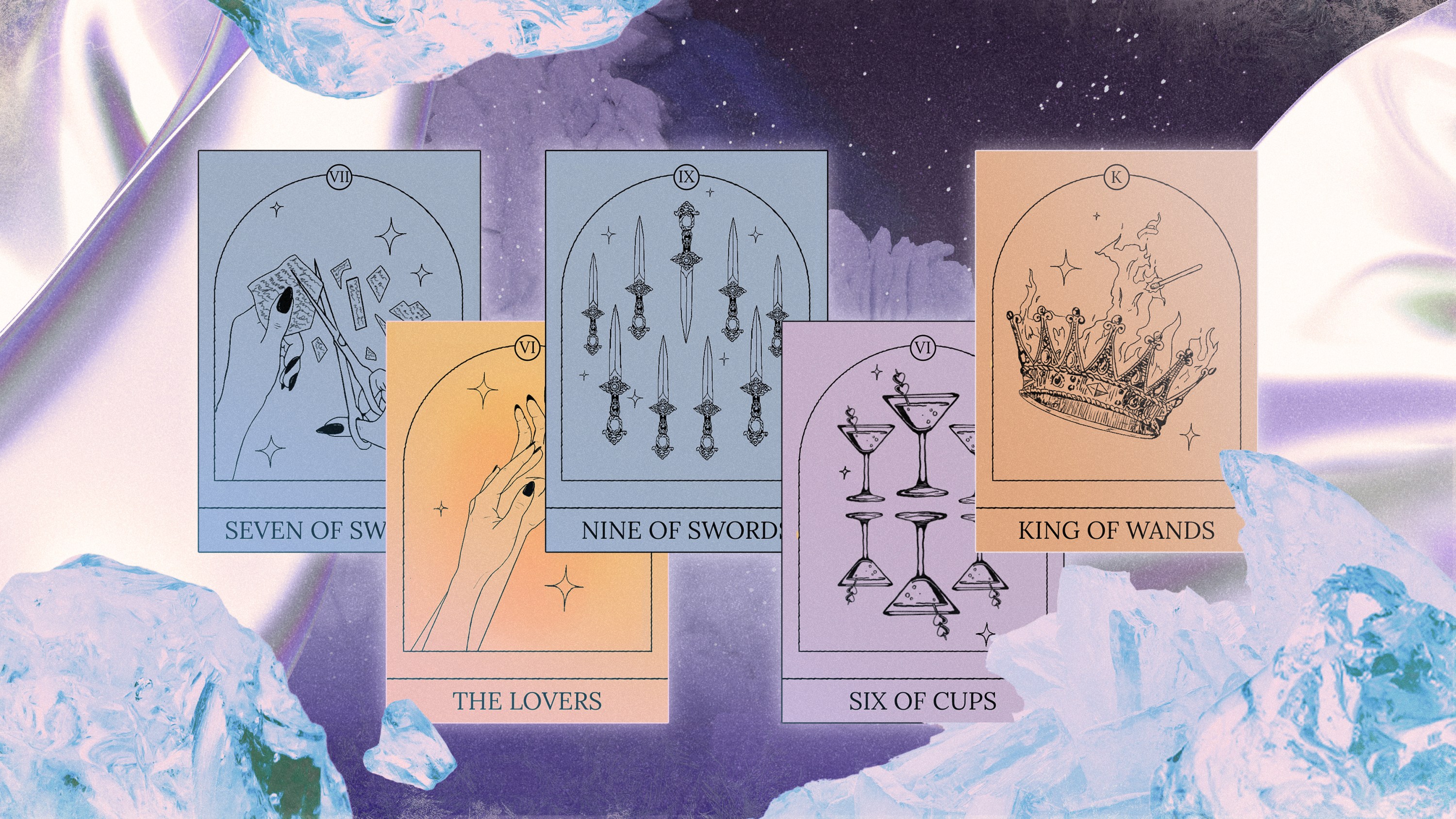 A series of Tarot cards with a purple winter background