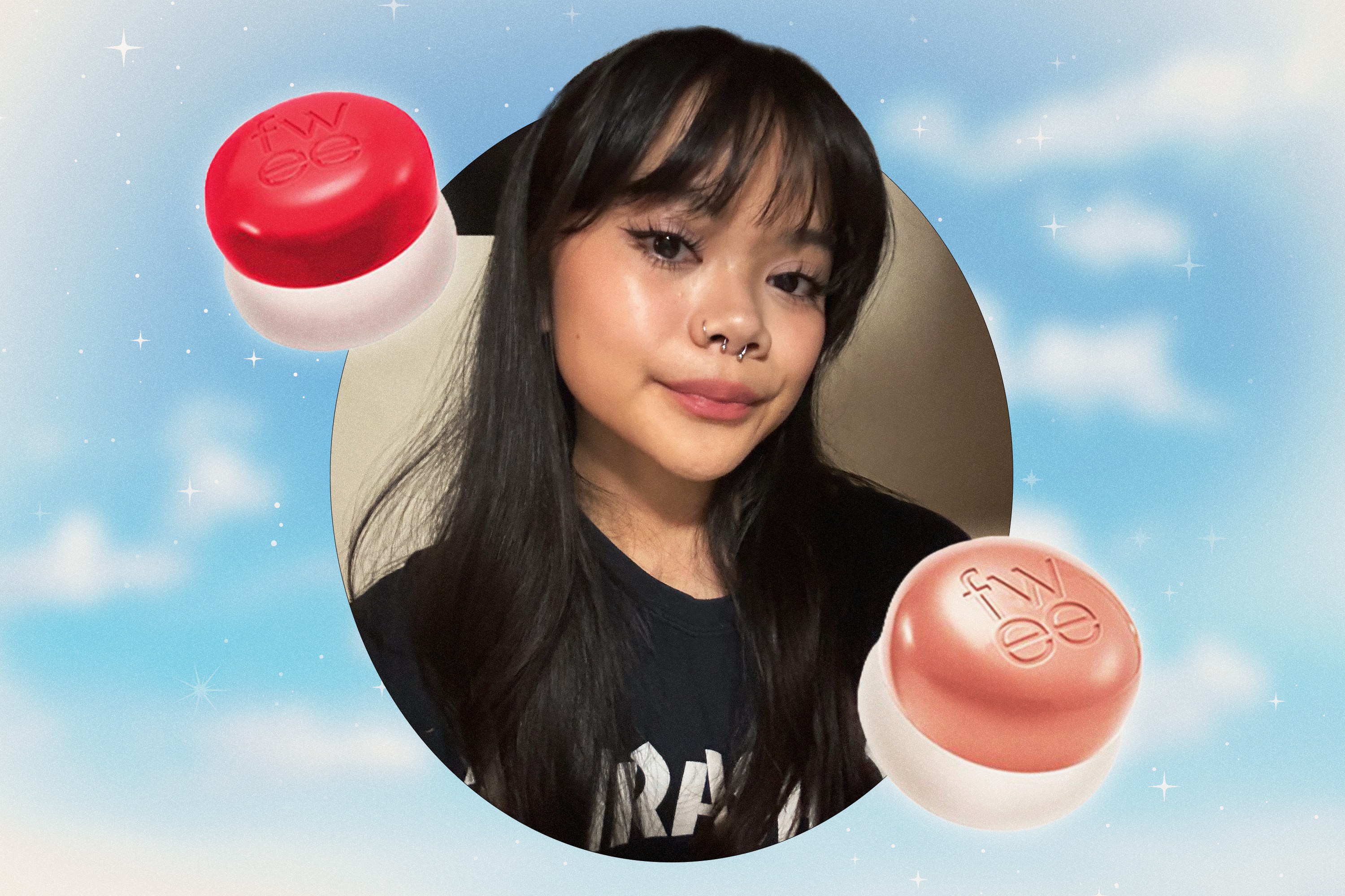 Beauty writer Kleigh Balugo wearing the Fwee Lip and Cheek Blurry Pudding Pot.