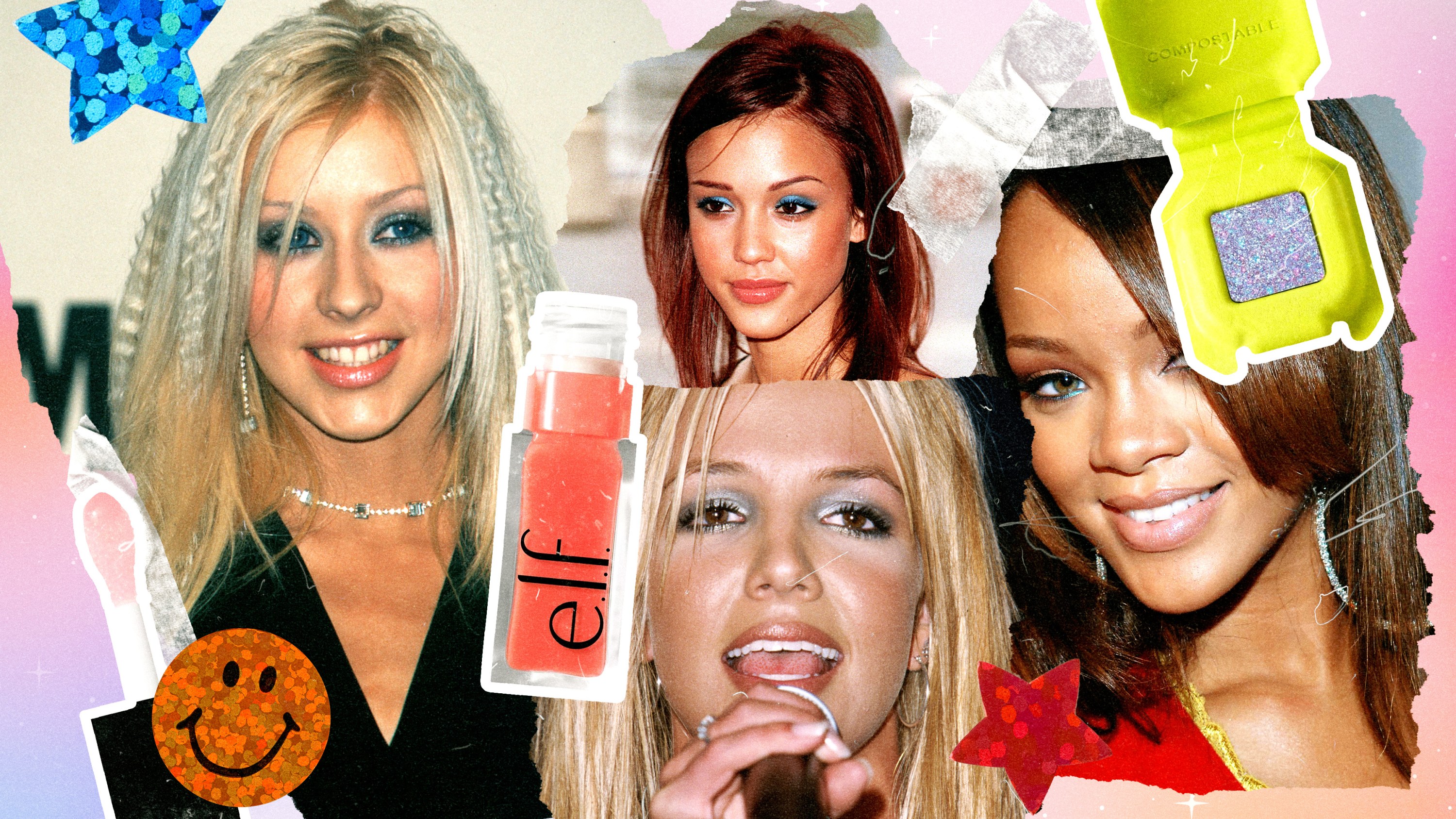 Christina Aguilera, Jessica Alba, Britney Spears, and Rihanna wearing Y2K makeup.