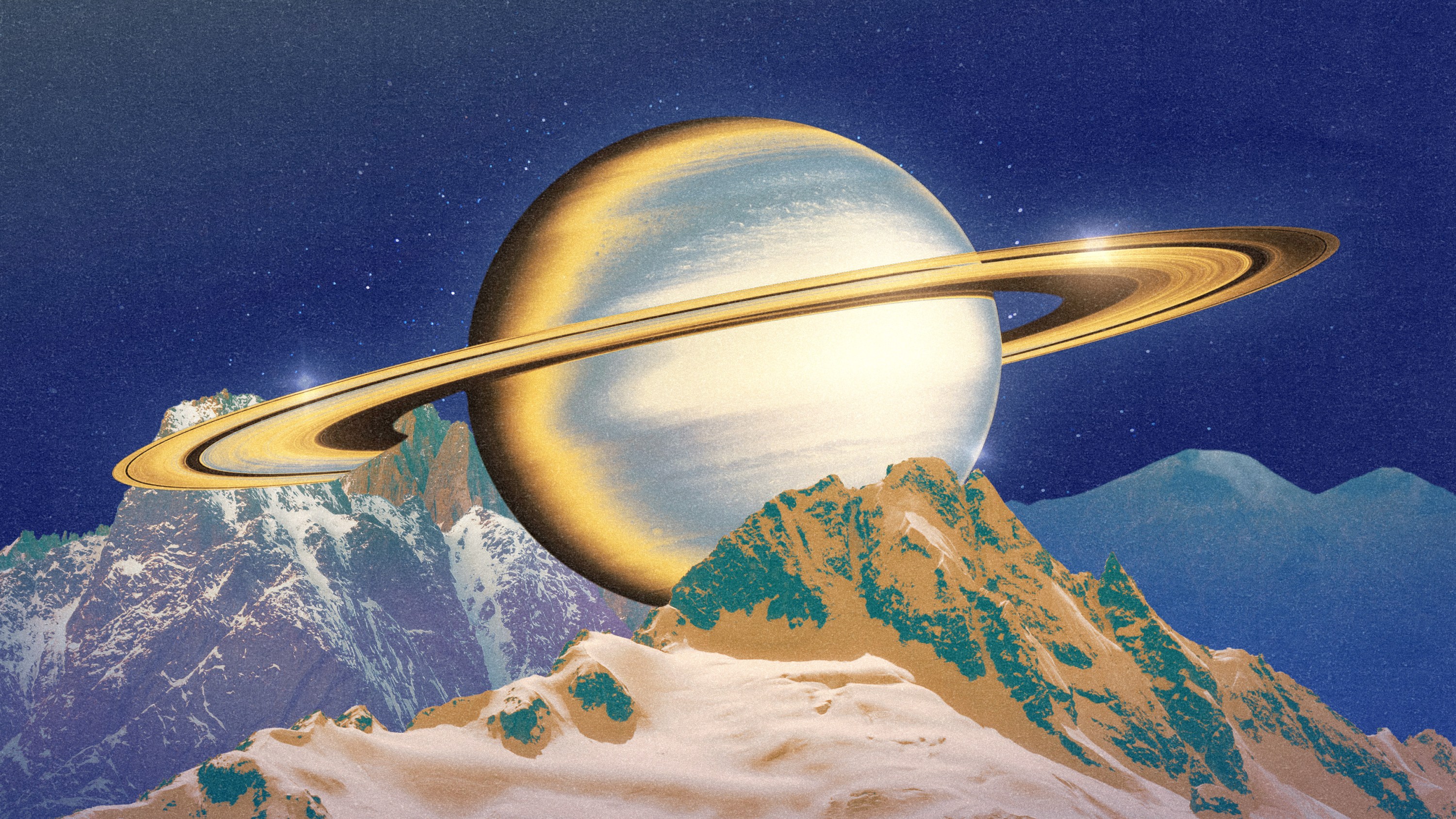 A prismatic and chrome Saturn in front of a series of cold mountain ranges and a dark blue night sky