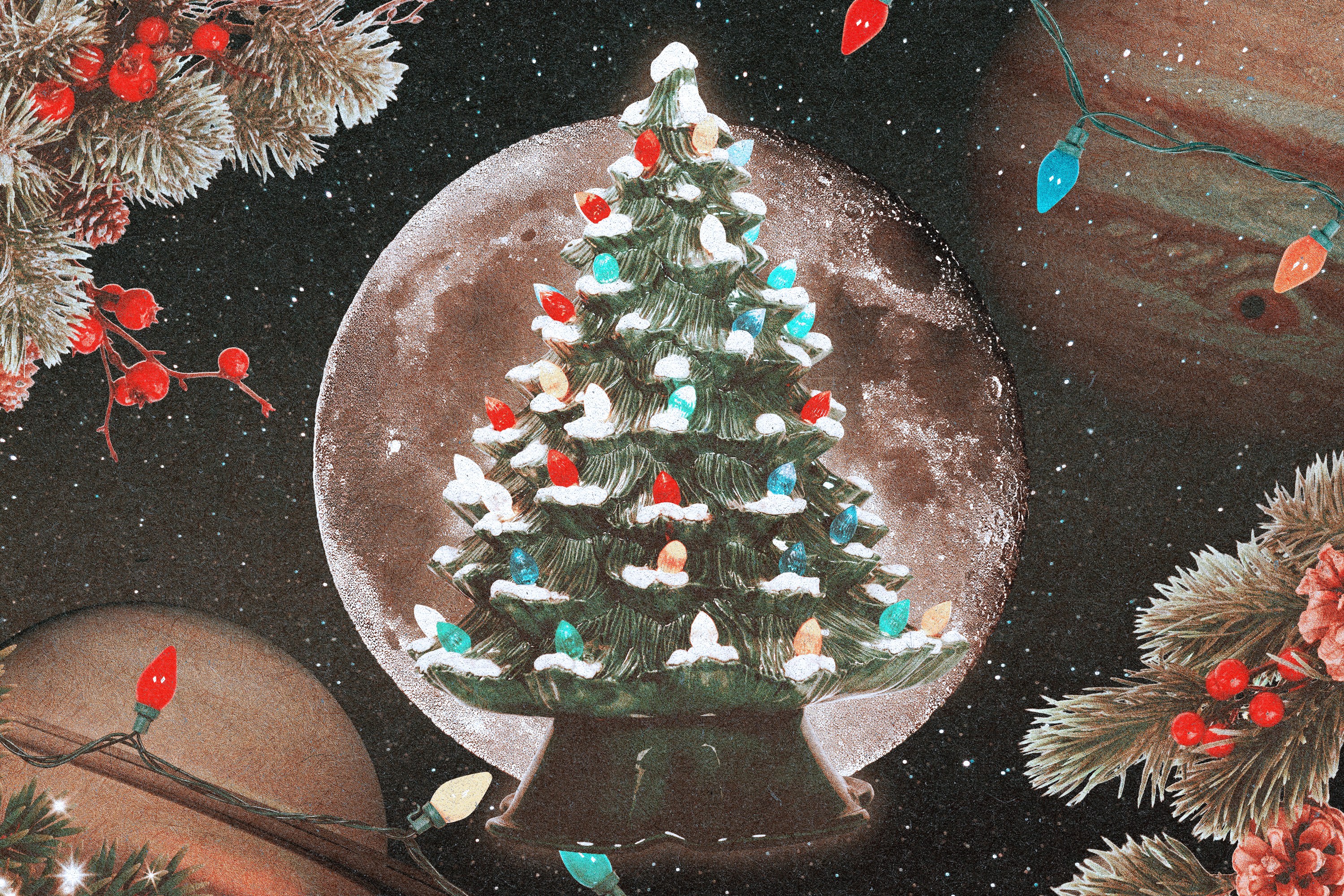 A Christmas tree figurine surrounded by a winter space backdrop with twinkling lights and planets