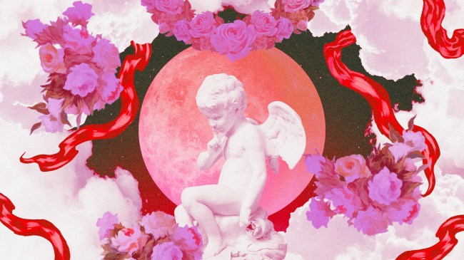 A statue of Cupid in front of a pink planet, surrounded by fluffy clouds, pink roses, and red ribbons